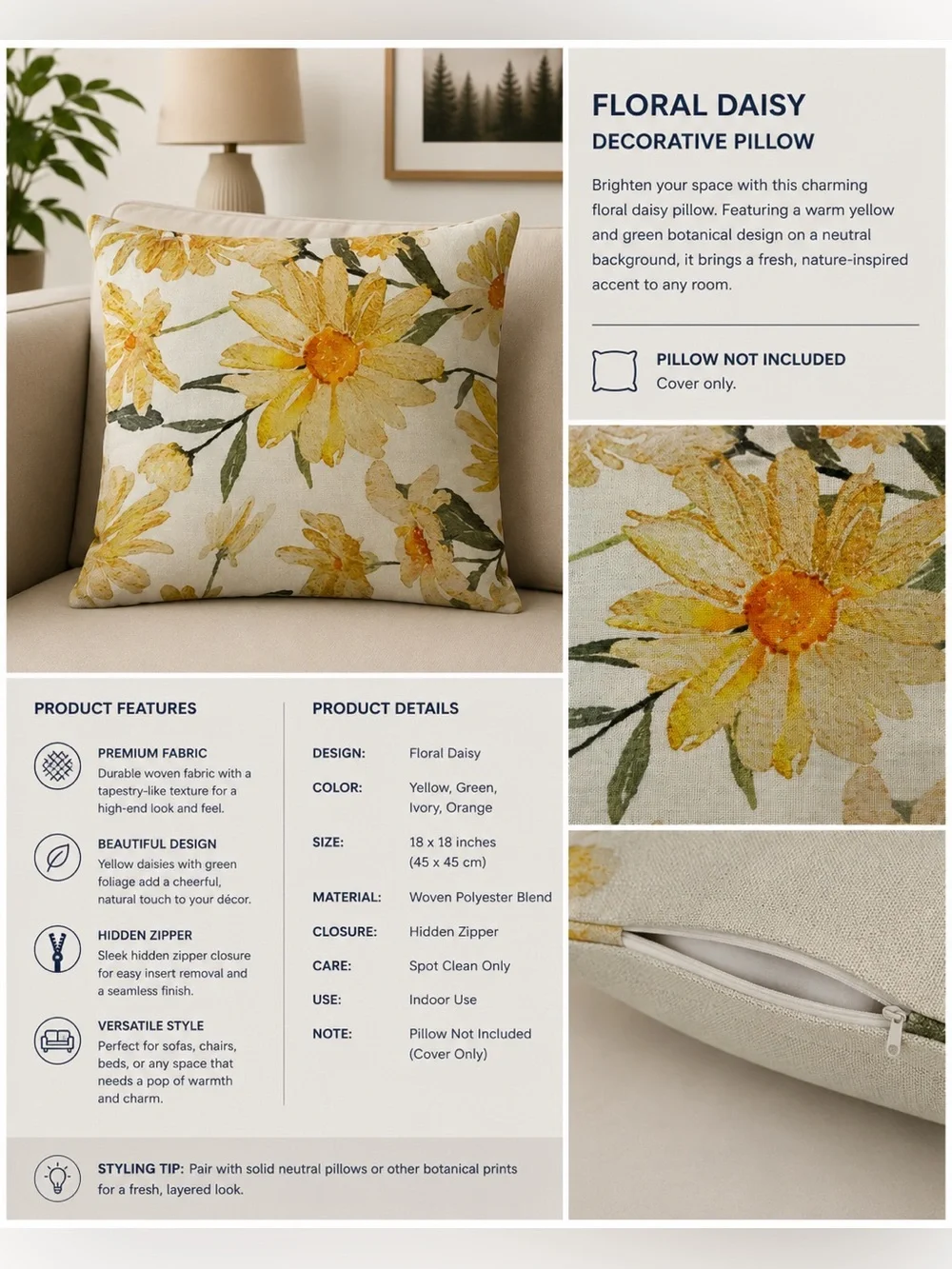 Pillow cover Yellow Daisy Floral with Green Leaves